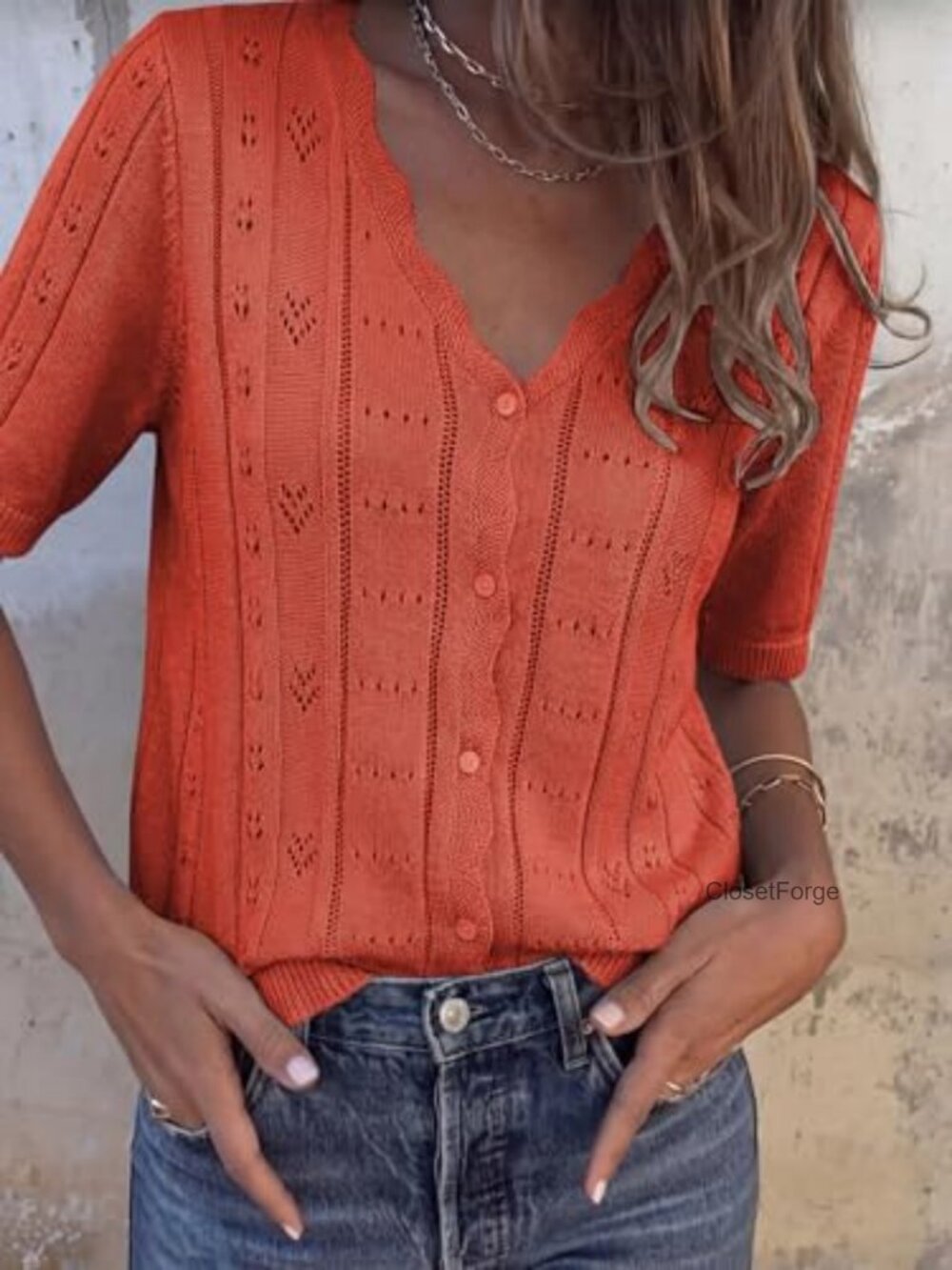 Women's Short Sleeve Crochet Knit Cardigan Sweater V-Neck Button Up Lightweight - Picture 4 of 6